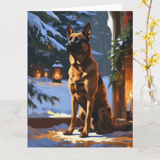 Carte Malinois Belge Avec Lumières De Noël (Fleur jaune)
