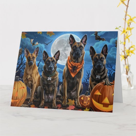 Carte Malinois Belge Halloween Effrayant (Fleur jaune)