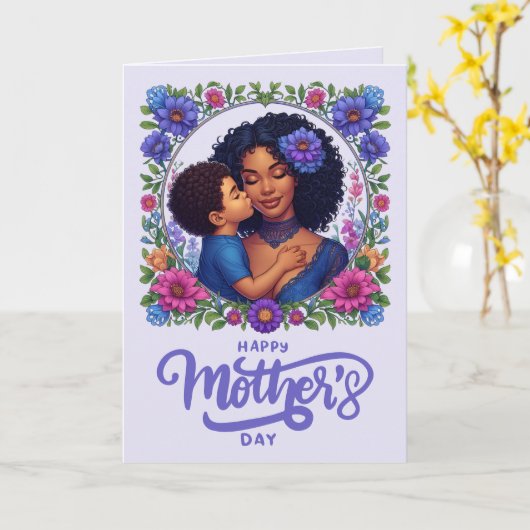 Carte Maman afro-américaine et fils Bonne fête des mères (Fleur jaune)