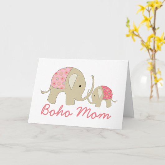 Carte Maman de Boho, Eléphant rose (Fleur jaune)