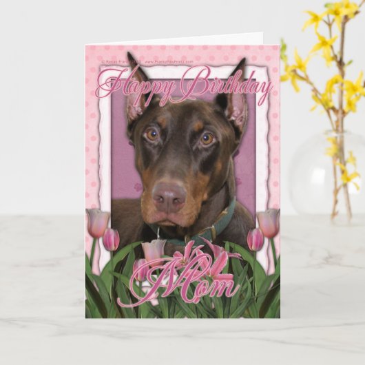 Carte Maman de joyeux anniversaire - dobermann - (Fleur jaune)