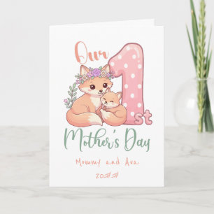 Carte Maman et bébé renard rose 1ère fête des mères