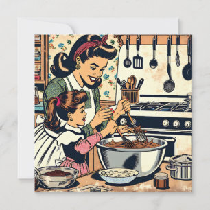 Carte Maman et fille rétro mignonnes en train de cuisine