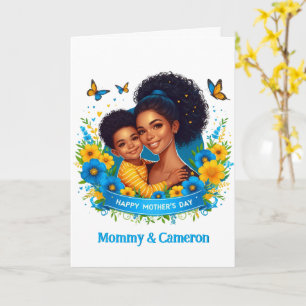 Carte Maman ethnique & Fils Bleu/Jaune Bonne Fête des Mè