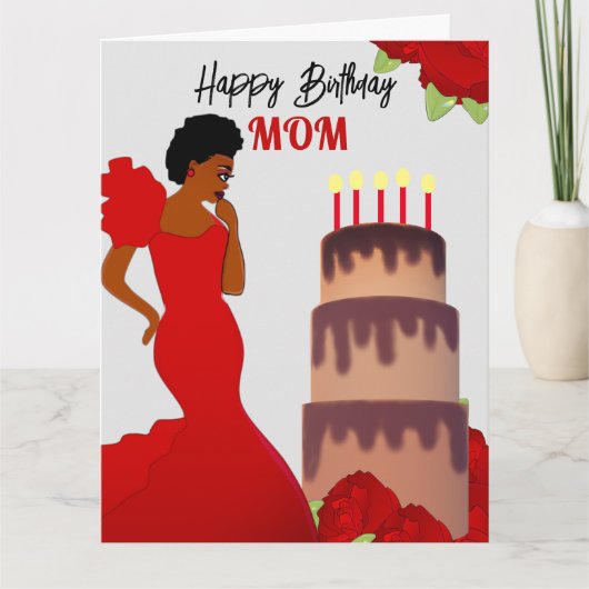 Carte Maman Glam Red Roses & Cake Africain Américain (Devant)