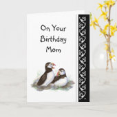 Carte Maman Humour et Amour Anniversaire, Puffins. Oisea (Fleur jaune)