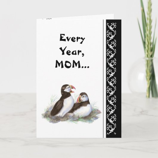 Carte Maman Humour et Amour Anniversaire, Puffins. Oisea (Devant)