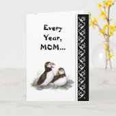 Carte Maman Humour et Amour Anniversaire, Puffins. Oisea (Fleur jaune)