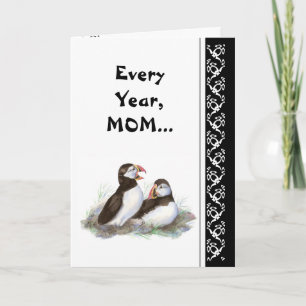 Carte Maman Humour et Amour Anniversaire, Puffins. Oisea