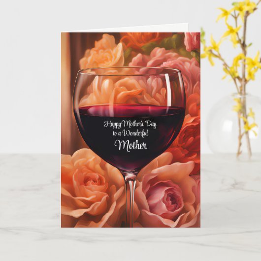 Carte Maman Joyeuse Fête des mères avec verre de vin (Fleur jaune)