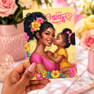 Carte Maman noire fille rose jaune floral Fête des mères