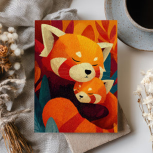 Carte Maman Panda roux avec bébé Jolie Fête des Mères