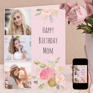 Carte Maman rose et or Feminine Florale 3 Photo Annivers