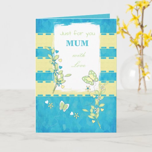 Carte Maman verte et bleue avec papillons saluant (Fleur jaune)