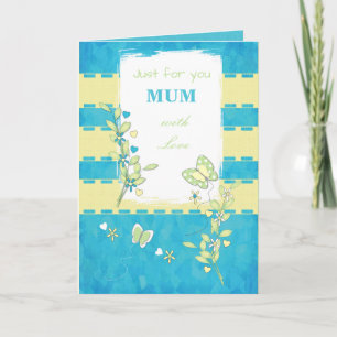 Carte Maman verte et bleue avec papillons saluant