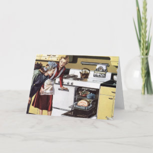Carte Maman vintage dans la cuisine préparant un jambon 