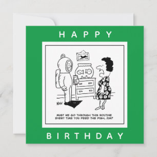 Carte Man Dons Scuba Diving Outfit to Feed Fish Cartoon.