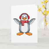 Carte Manchot avec écharpe et casque audio (Fleur jaune)