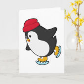 Carte Manchot en patin à glace avec chapeau (Fleur jaune)