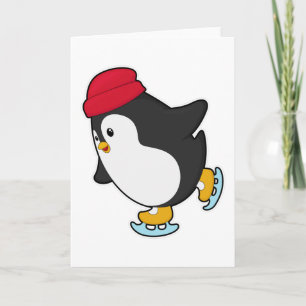 Carte Manchot faisant du patinage sur glace avec un chap