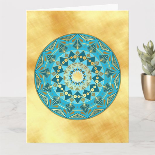 Carte Mandala bleu or sur fond or doux (Petite plante)