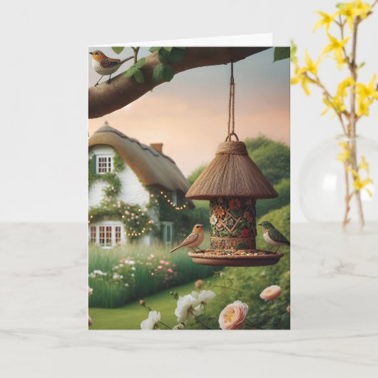Carte Mangeoire à oiseaux et oiseaux Scène de nature Cot (Fleur jaune)