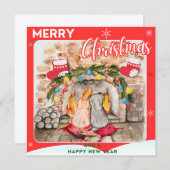 Carte Manoir de Noël confortable avec chien et chat (Devant / Derrière)