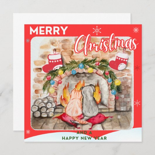 Carte Manoir de Noël confortable avec chien et chat (Devant / Derrière)