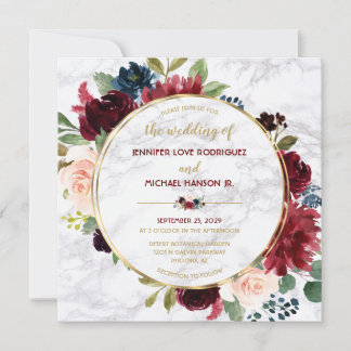 Carte Marbre Merlot Marine Bleu or Aquarelle Fleurs