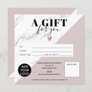 Carte Marbre rose bloc carré certificat cadeau logo