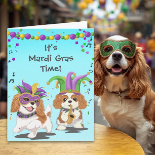 Carte Mardi Gras avec Cavalier King Charles Spaniel