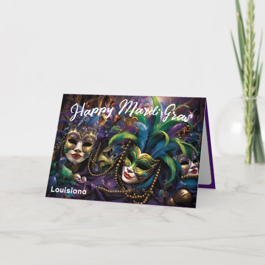 Carte 💚 💜 💛 Mardi Gras avec de beaux masques (Devant)