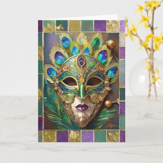 Carte Mardi Gras Gold Ceramic Peacock Feature Masque (Fleur jaune)