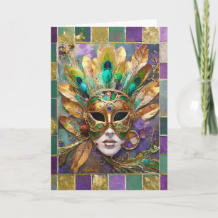 Carte Mardi Gras Gold et vert Peacock Feature Masque