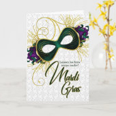 Carte Mardi Gras Violet, or et masque vert (Fleur jaune)