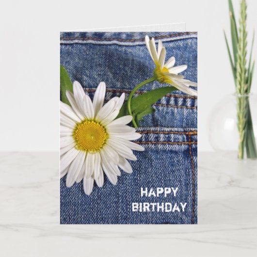 Carte marguerites blanches en jean bleu poche anniversai (Devant)