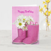 Carte marguerites d'anniversaire en bottes roses (Fleur jaune)