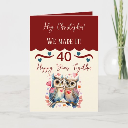 Carte Mari 40e anniversaire owls maroon bleu (Devant)
