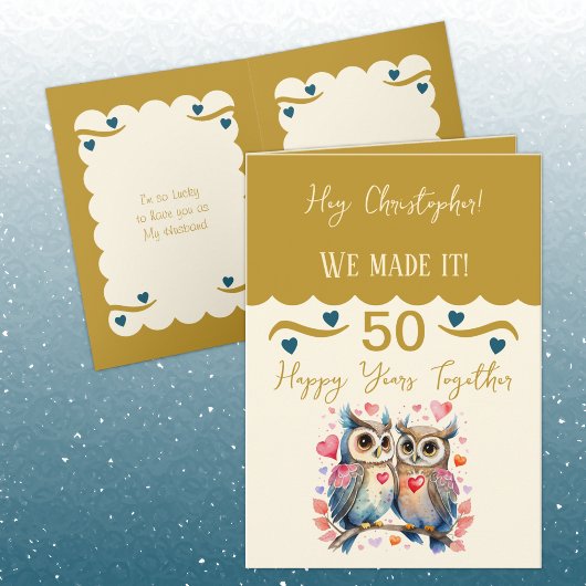 Carte Mari 50e anniversaire hibou bleu or