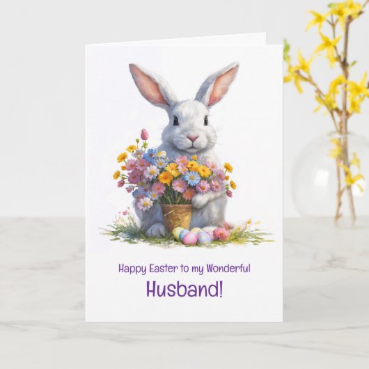Carte Mari Joyeuses Pâques avec un Lapin Mignon (Fleur jaune)
