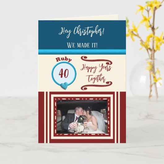 Carte Mari ruby 40e anniversaire photo bleue (Fleur jaune)