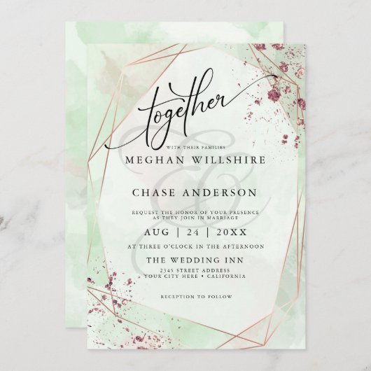 Carte MARIAGE | Aquarelle appliquée à la menthe et au Ro (Devant / Derrière)