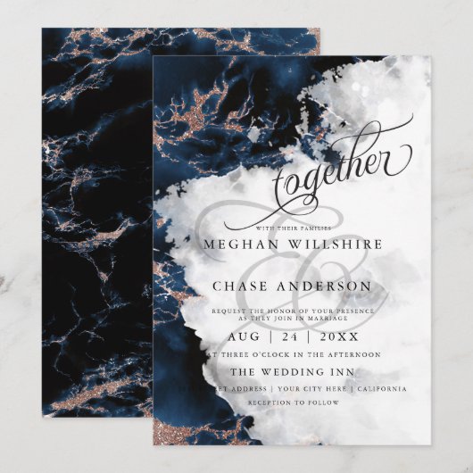 Carte MARIAGE | Aquarelle marine Blue 2 Rose Gold Geode (Devant / Derrière)