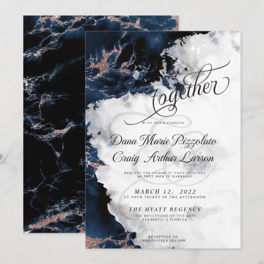 Carte MARIAGE | Aquarelle marine Blue 4 Rose Gold Geode (Devant / Derrière)