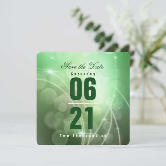 Carte Mariage Arrière - plan Emerald Green Bokeh moderne (Debout devant)