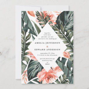 Carte Mariage au feuillage de feuille tropicale et rose