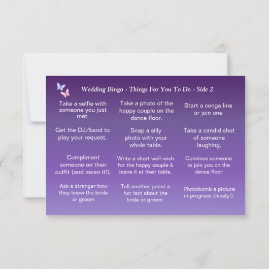 Carte MARIAGE BINGO ! Jeu pour les invités (Dos)