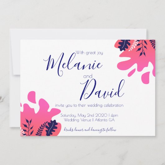 Carte Mariage bleu bleu rose chaud inspirée de la (Devant)