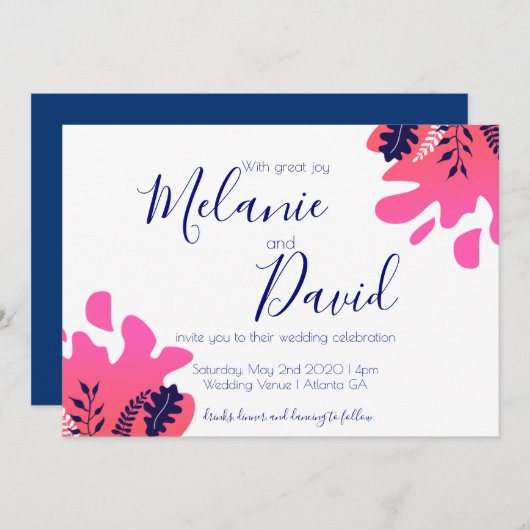 Carte Mariage bleu bleu rose chaud inspirée de la (Devant / Derrière)