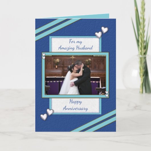 Carte Mariage bleu mari Anniversaire photo salutation (Devant)